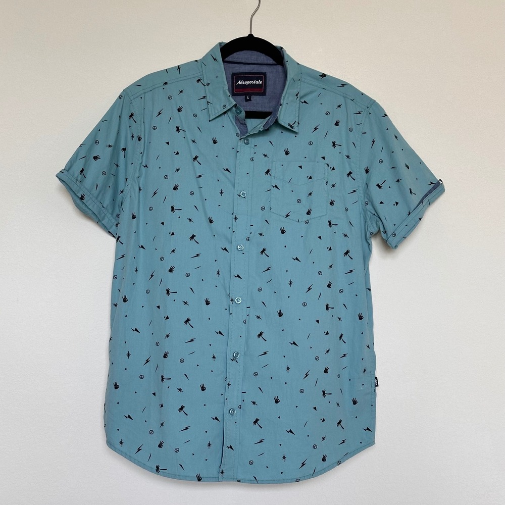 Aeropostale Mens Large Teal Blue Novelty Print Short Sleeve Button Down Shirt L